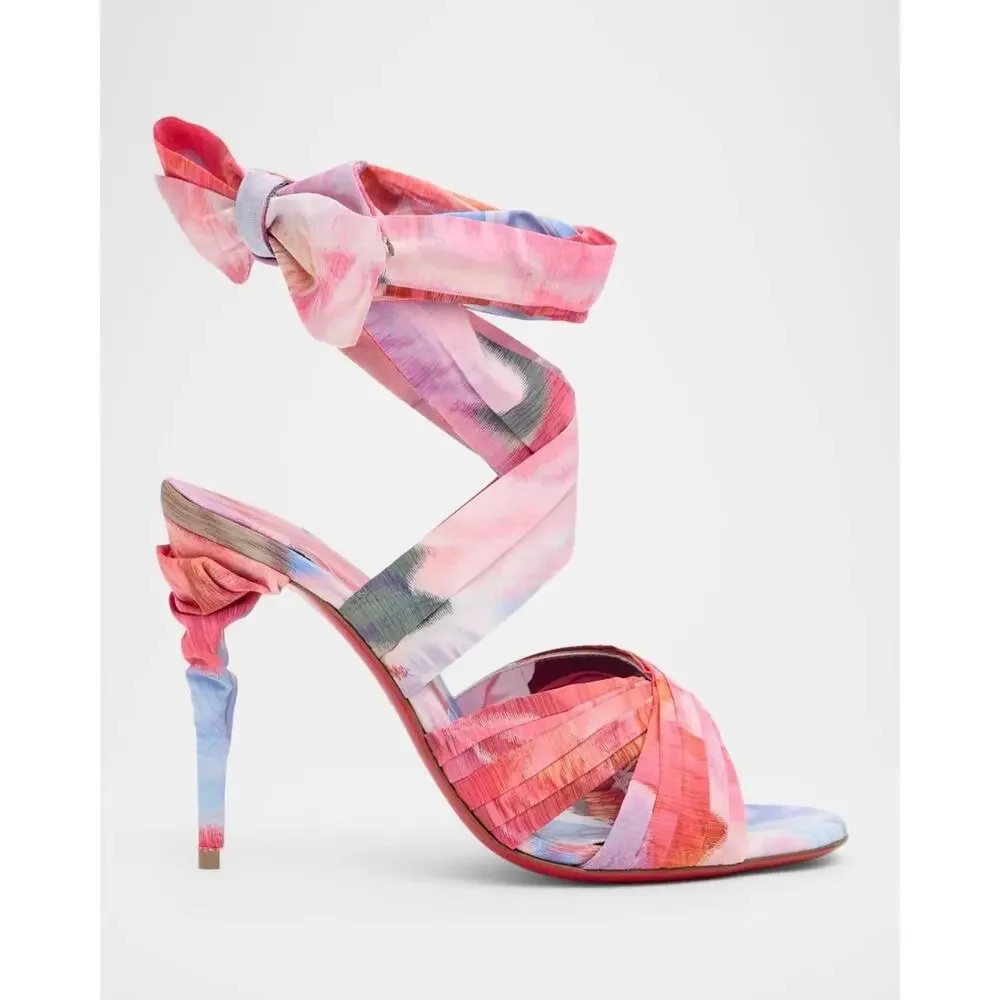 Christian Louboutin Affabula Lace Up 100 Pink Floral Tie Sandal Heel Pump 37